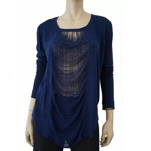 Raquel Allegra Shredded Front Dark Blue Long Sleeve Top Sz 2 S M